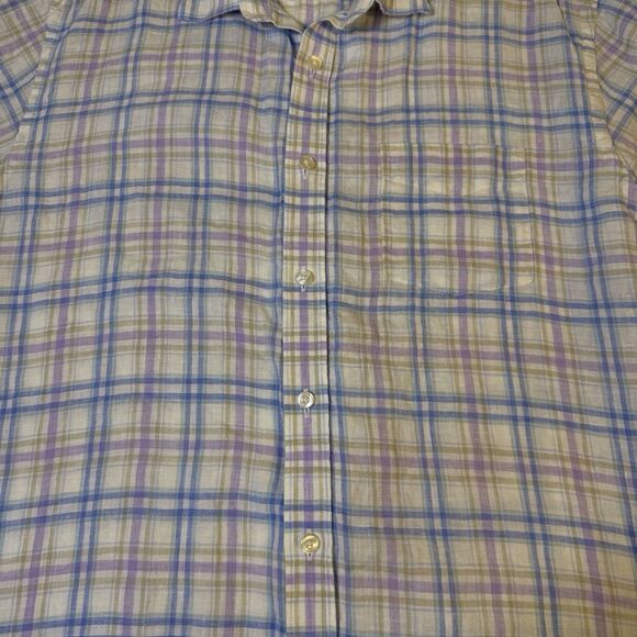 Untuckit Shirt Mens X Large White Blue Plaid Short Sleeve 100% Linen Preppy - Picture 2 of 8